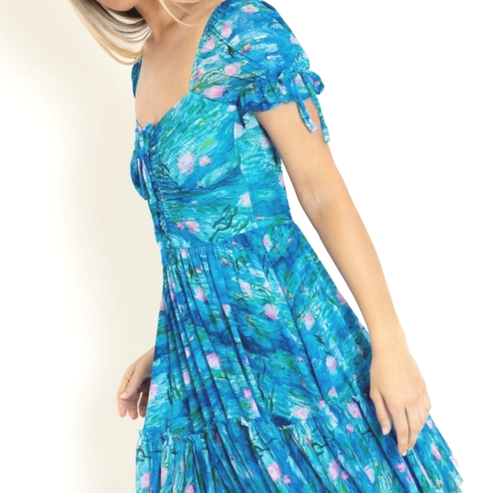 Blackmilk Blue and Pink Mini Dress Monet Water Lilies - Picture 2 of 6